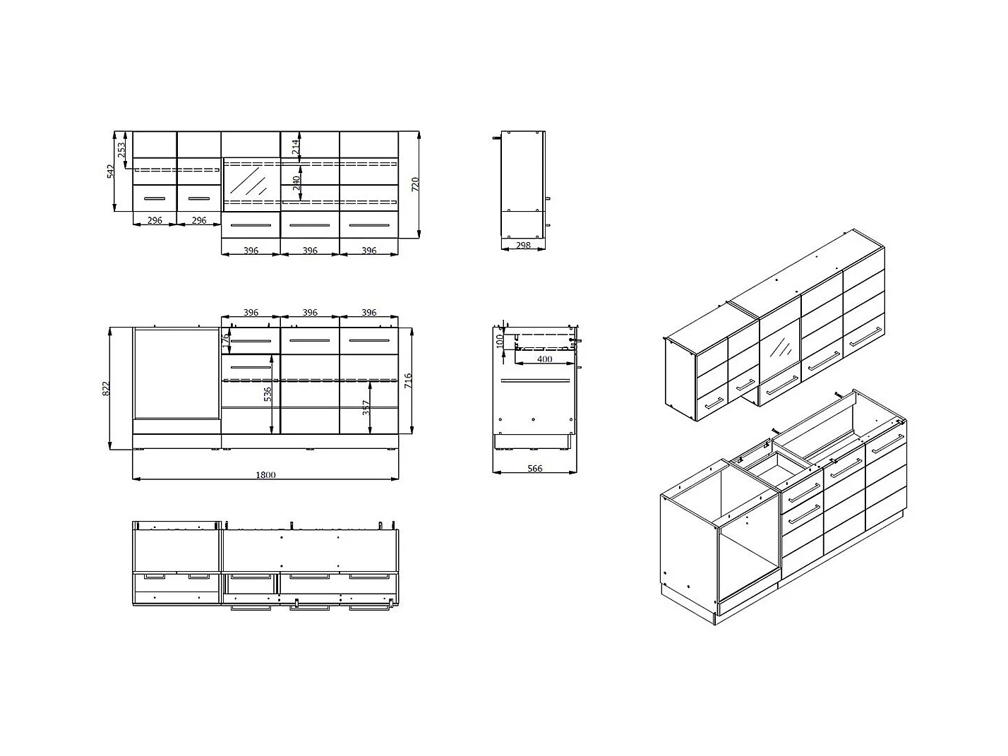 Cuisine 6 éléments couleur chêne artisan/blanc avec plan de travail - Longueur 180 x Profondeur 56.6/60 x Hauteur 206.5 cm