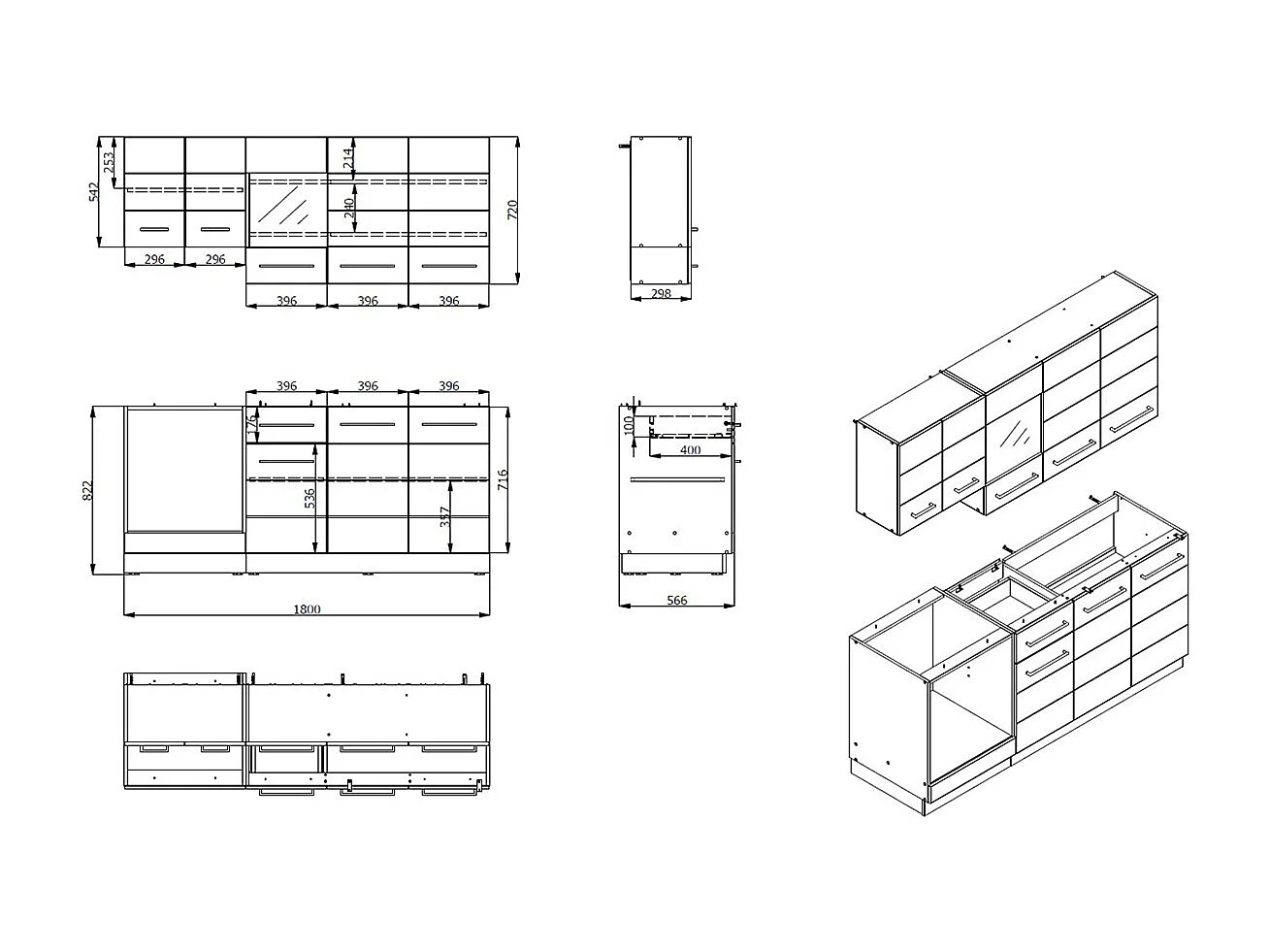 Cuisine 6 éléments couleur chêne artisan/blanc avec plan de travail - Longueur 180 x Profondeur 56.6/60 x Hauteur 206.5 cm
