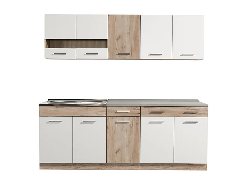 Cuisine 6 éléments couleur chêne/blanc avec plan de travail - Longueur 200,5 x Profondeur 51.6/60 x Hauteur 206.5 cm