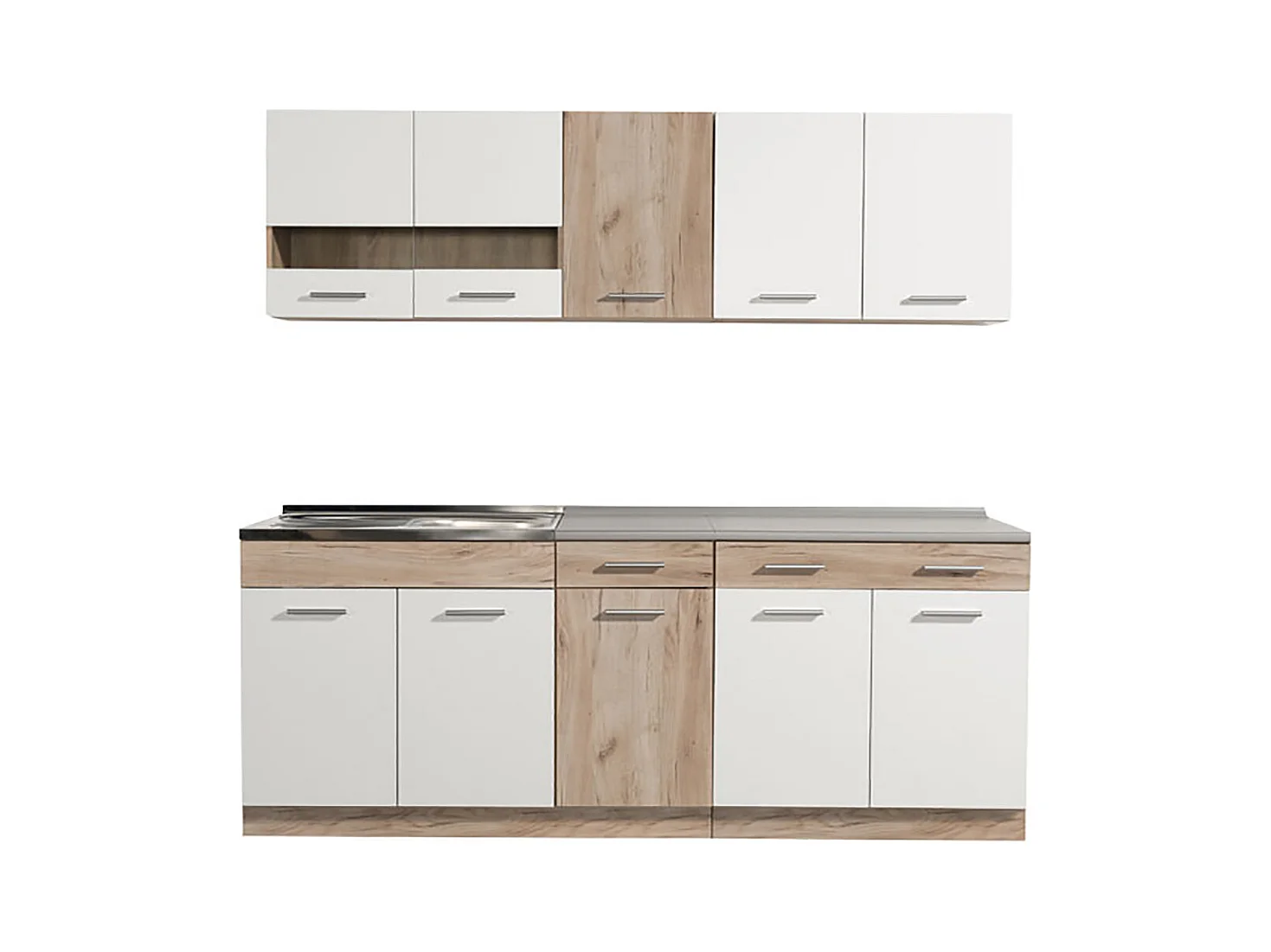 Cuisine 6 éléments couleur chêne/blanc avec plan de travail - Longueur 200,5 x Profondeur 51.6/60 x Hauteur 206.5 cm