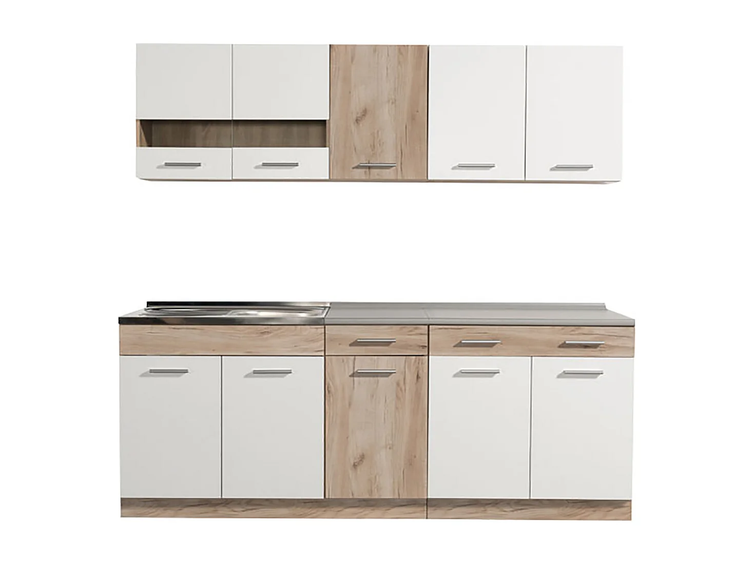 Cuisine 6 éléments couleur chêne/blanc avec plan de travail - Longueur 200,5 x Profondeur 51.6/60 x Hauteur 206.5 cm