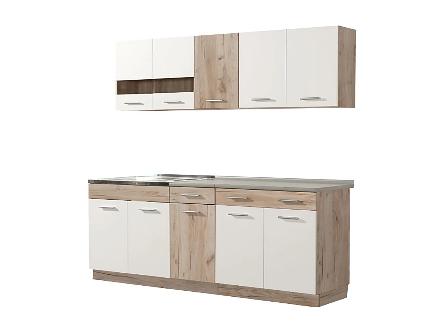 Cuisine 6 éléments couleur chêne/blanc avec plan de travail - Longueur 200,5 x Profondeur 51.6/60 x Hauteur 206.5 cm