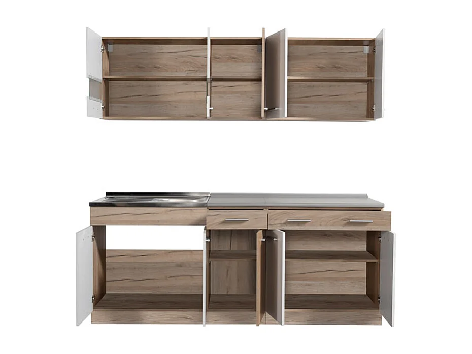 Cuisine 6 éléments couleur chêne/blanc avec plan de travail - Longueur 200,5 x Profondeur 51.6/60 x Hauteur 206.5 cm