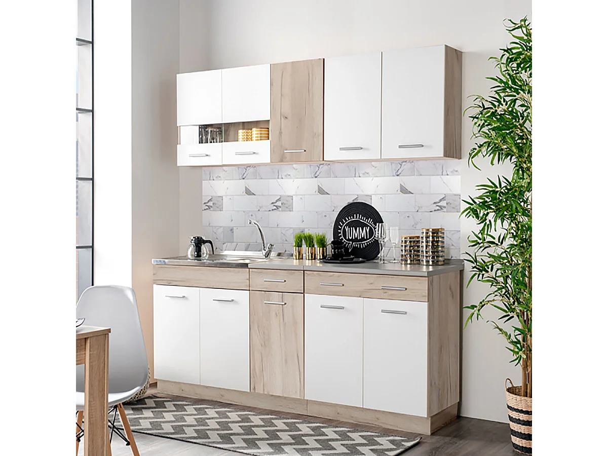 Cuisine 6 éléments couleur chêne/blanc avec plan de travail - Longueur 200,5 x Profondeur 51.6/60 x Hauteur 206.5 cm