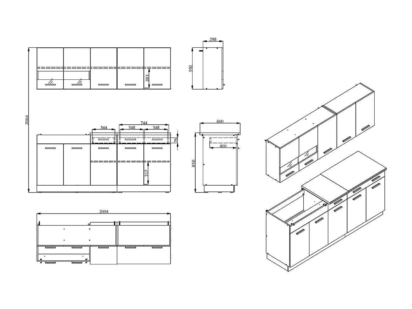 Cuisine 6 éléments couleur chêne/blanc avec plan de travail - Longueur 200,5 x Profondeur 51.6/60 x Hauteur 206.5 cm