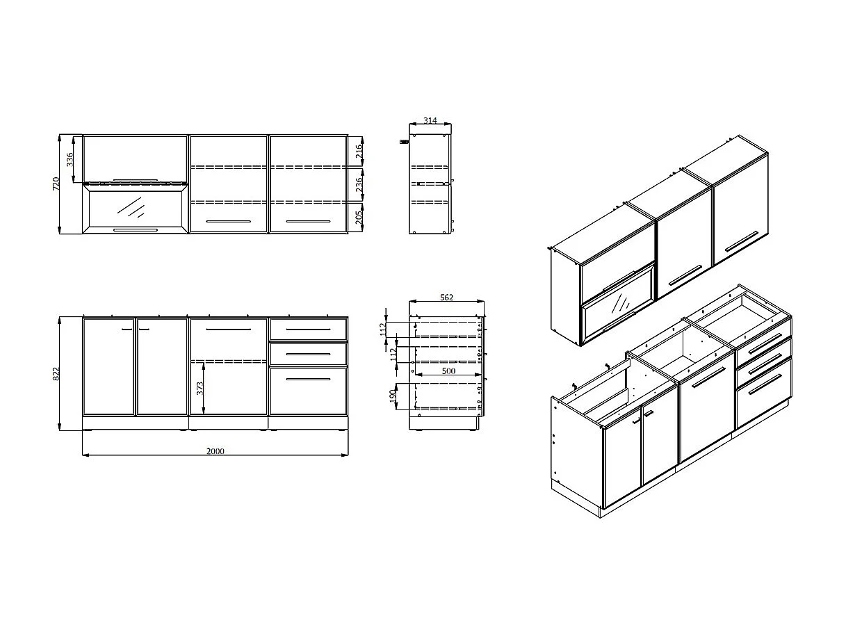 Cuisine 6 éléments couleur Blanc avec plan de travail - Longueur 200 x Profondeur 56/60 x Hauteur 200 cm