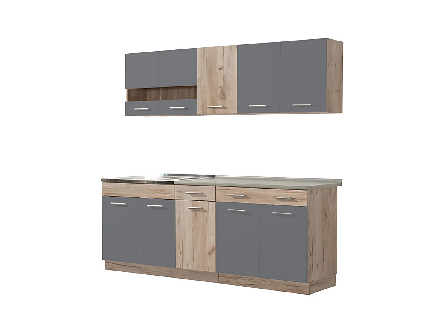 Cuisine 6 éléments couleur chêne/gris avec plan de travail - Longueur 200,5 x Profondeur 51.6/60 x Hauteur 206.5 cm