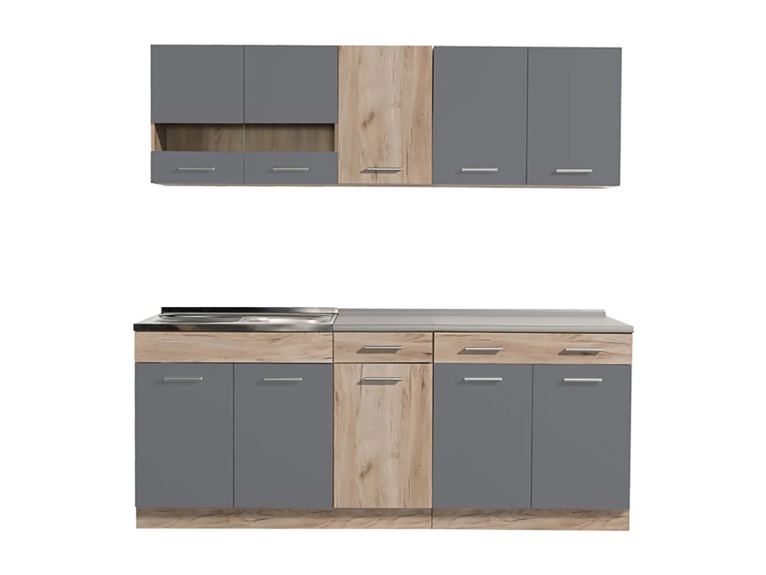Cuisine 6 éléments couleur chêne/gris avec plan de travail - Longueur 200,5 x Profondeur 51.6/60 x Hauteur 206.5 cm