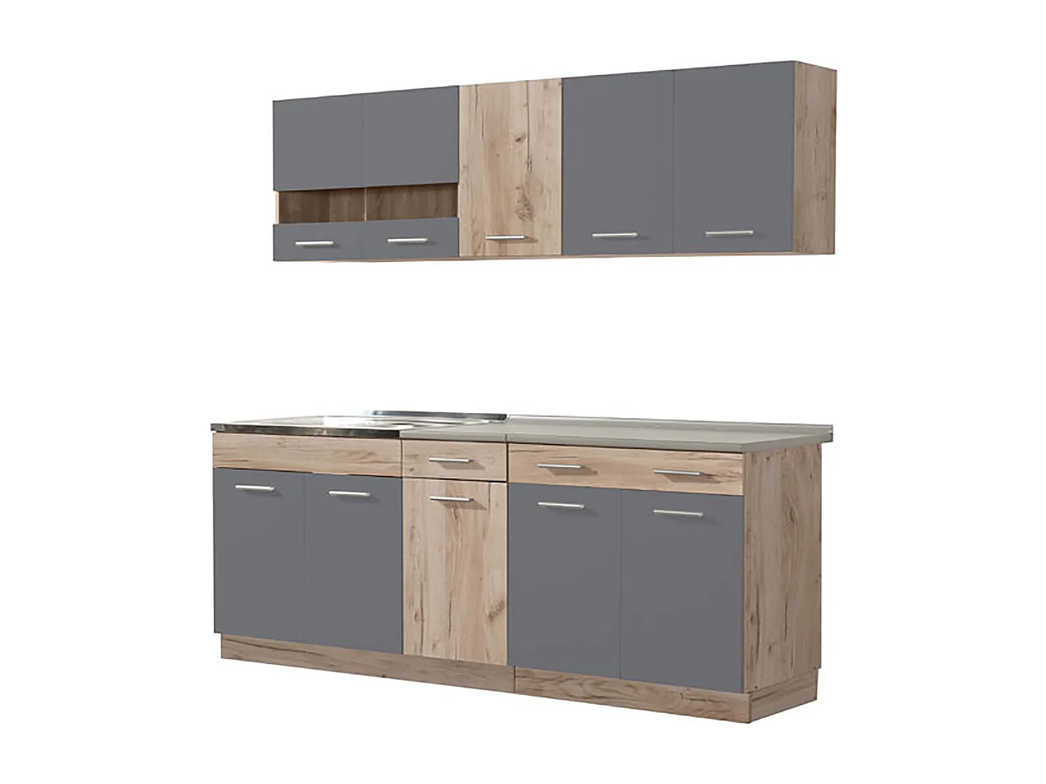 Cuisine 6 éléments couleur chêne/gris avec plan de travail - Longueur 200,5 x Profondeur 51.6/60 x Hauteur 206.5 cm