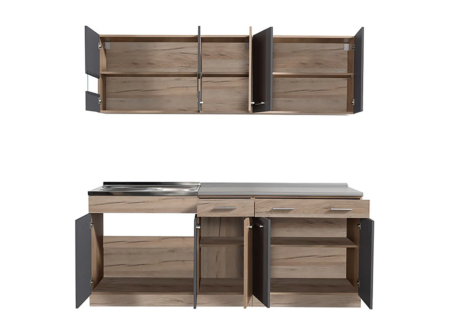 Cuisine 6 éléments couleur chêne/gris avec plan de travail - Longueur 200,5 x Profondeur 51.6/60 x Hauteur 206.5 cm