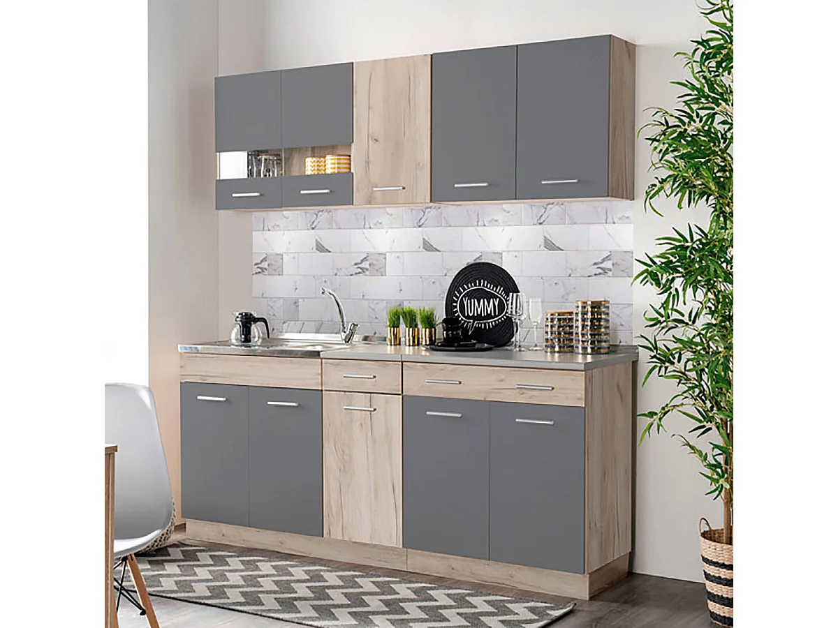Cuisine 6 éléments couleur chêne/gris avec plan de travail - Longueur 200,5 x Profondeur 51.6/60 x Hauteur 206.5 cm