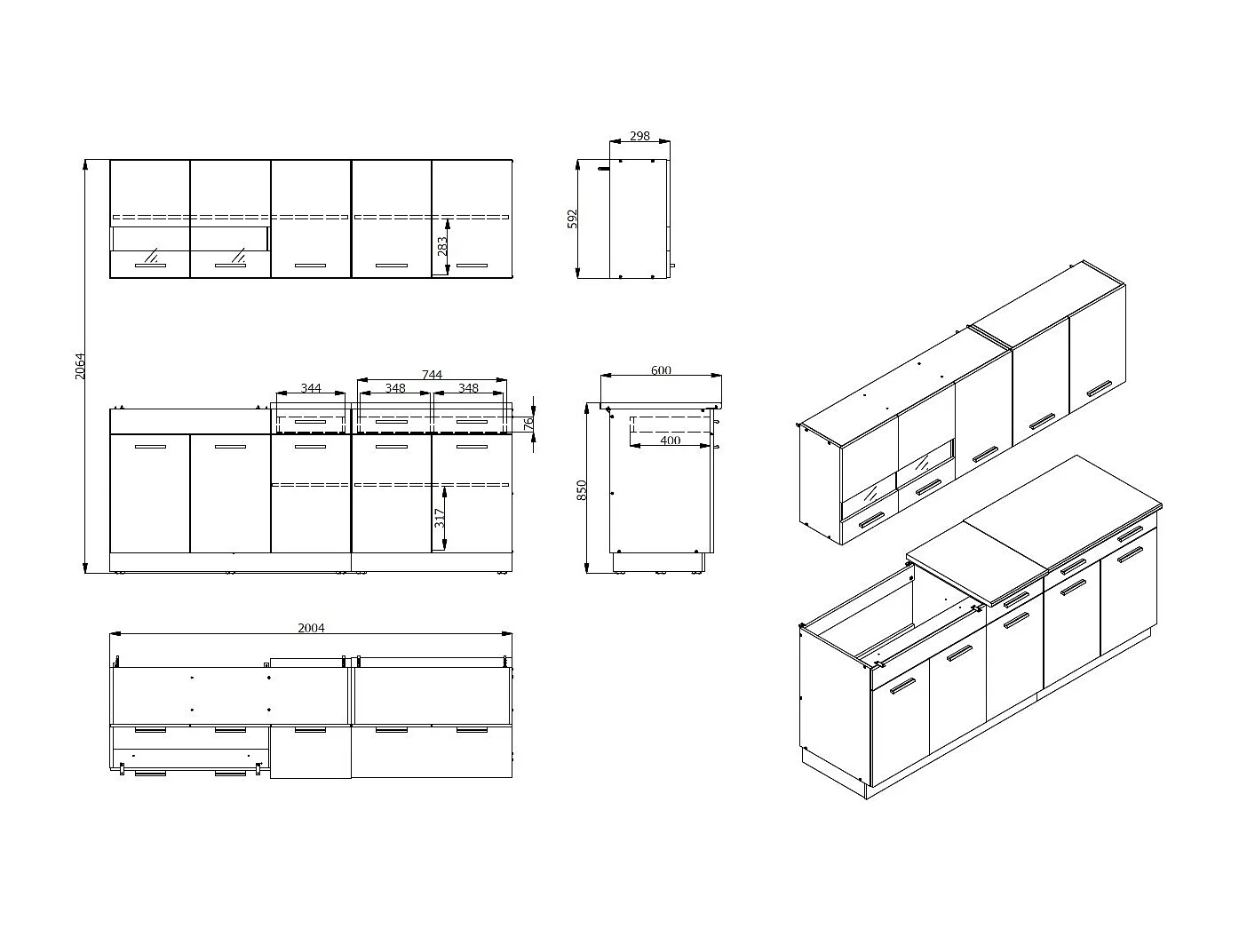 Cuisine 6 éléments couleur chêne/gris avec plan de travail - Longueur 200,5 x Profondeur 51.6/60 x Hauteur 206.5 cm