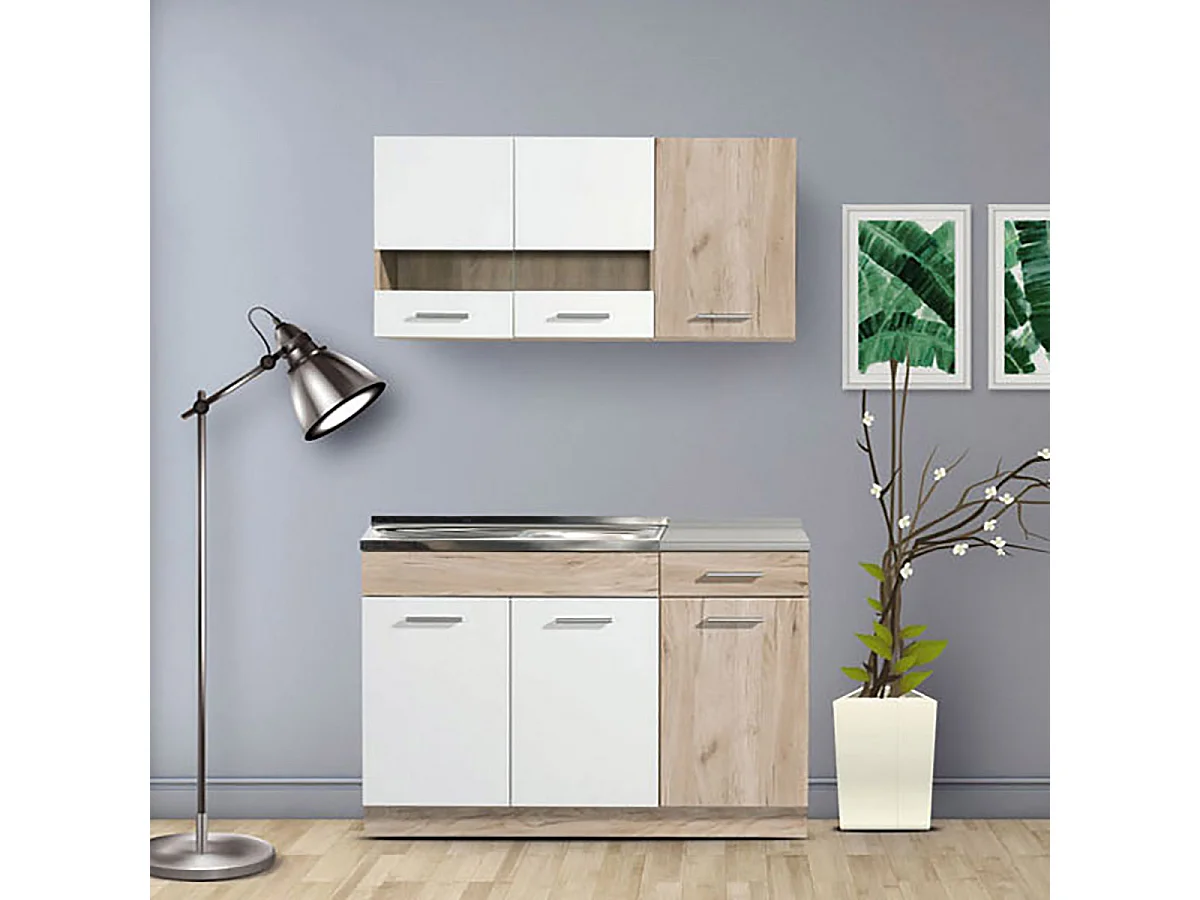 Cuisine 4 éléments couleur chêne/blanc avec plan de travail - Longueur 120 x Profondeur 51.6/60 x Hauteur 206.5 cm