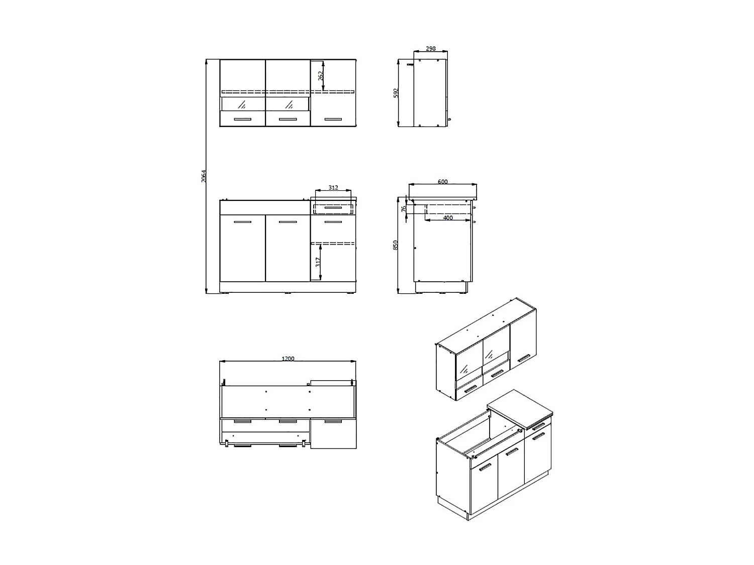 Cuisine 4 éléments couleur chêne/blanc avec plan de travail - Longueur 120 x Profondeur 51.6/60 x Hauteur 206.5 cm