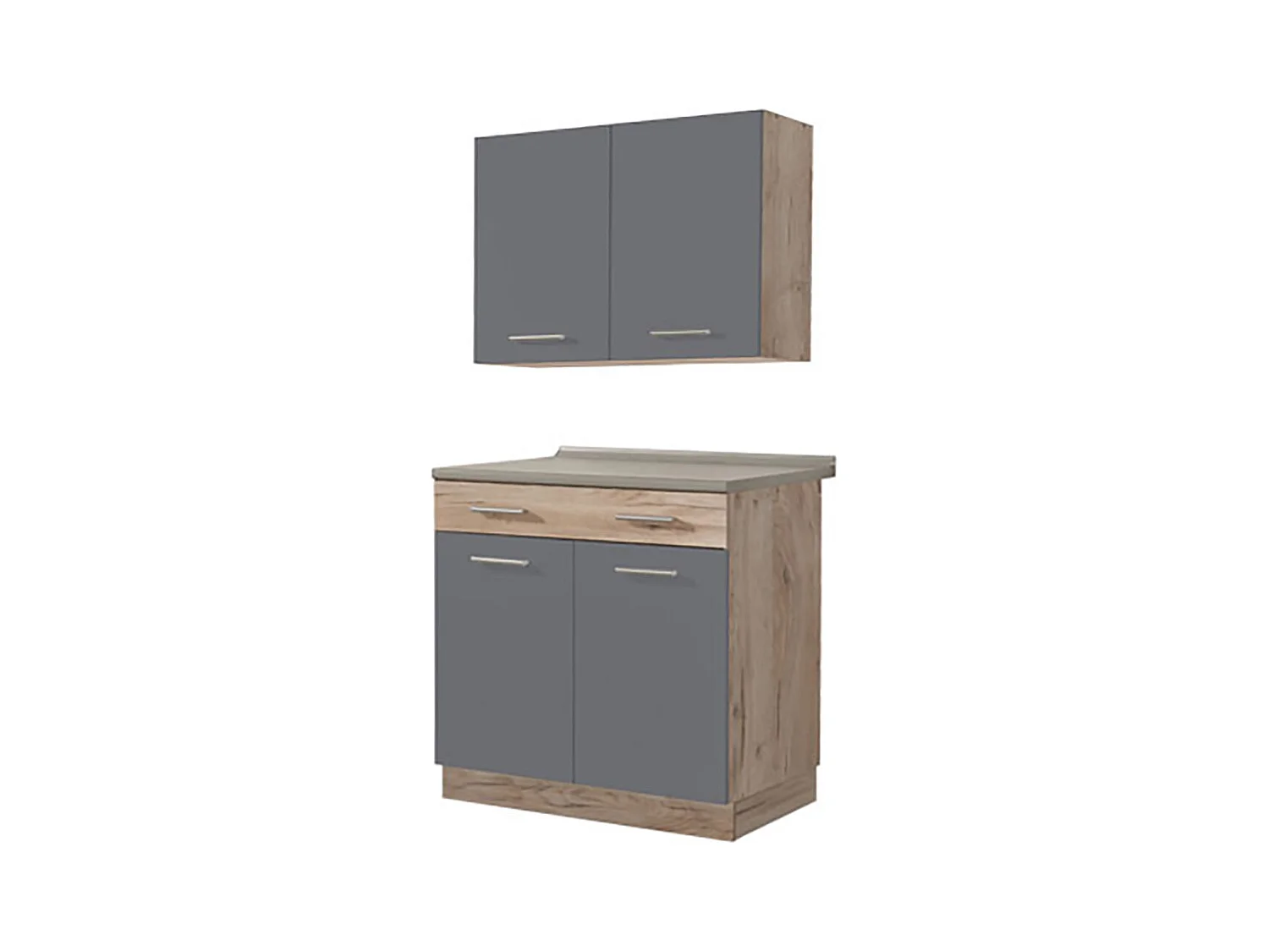 Cuisine 2 éléments couleur chêne/gris avec plan de travail - Longueur 80 x Profondeur 51.6/60 x Hauteur 206.5 cm