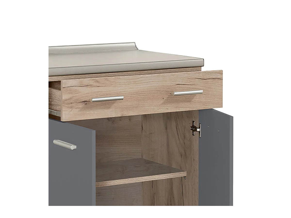 Cuisine 2 éléments couleur chêne/gris avec plan de travail - Longueur 80 x Profondeur 51.6/60 x Hauteur 206.5 cm