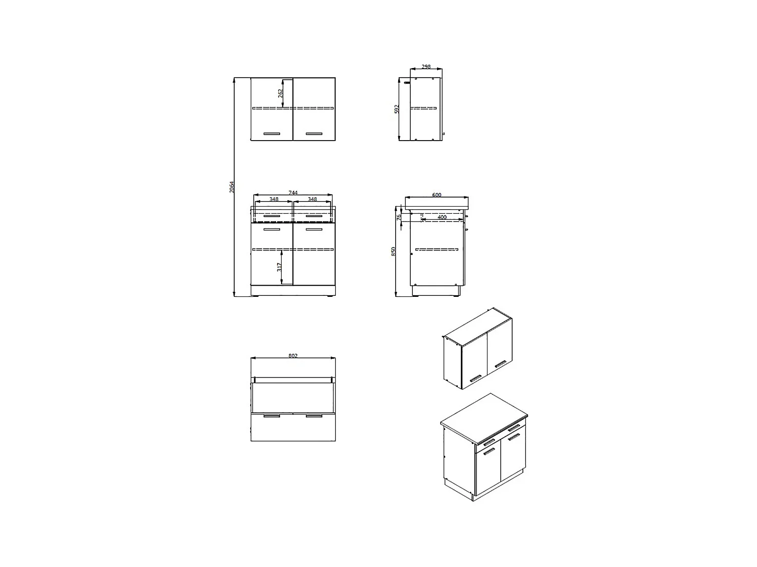 Cuisine 2 éléments couleur chêne/gris avec plan de travail - Longueur 80 x Profondeur 51.6/60 x Hauteur 206.5 cm