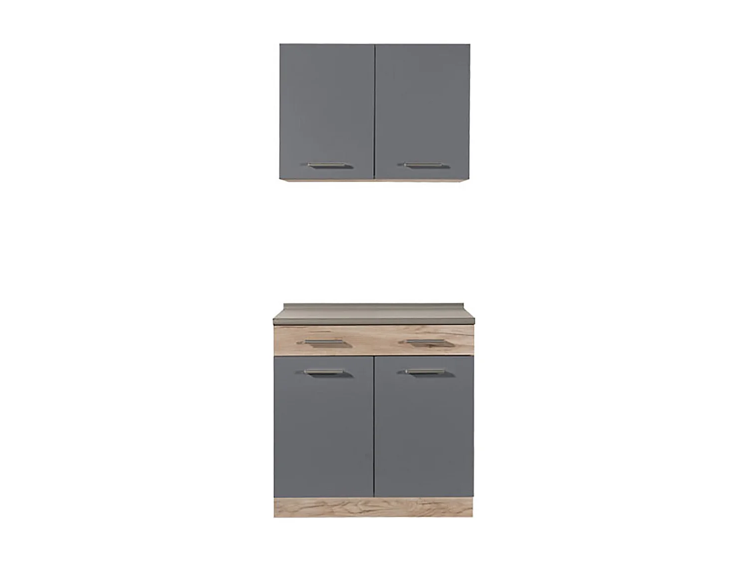 Cuisine 2 éléments couleur chêne/gris avec plan de travail - Longueur 80 x Profondeur 51.6/60 x Hauteur 206.5 cm