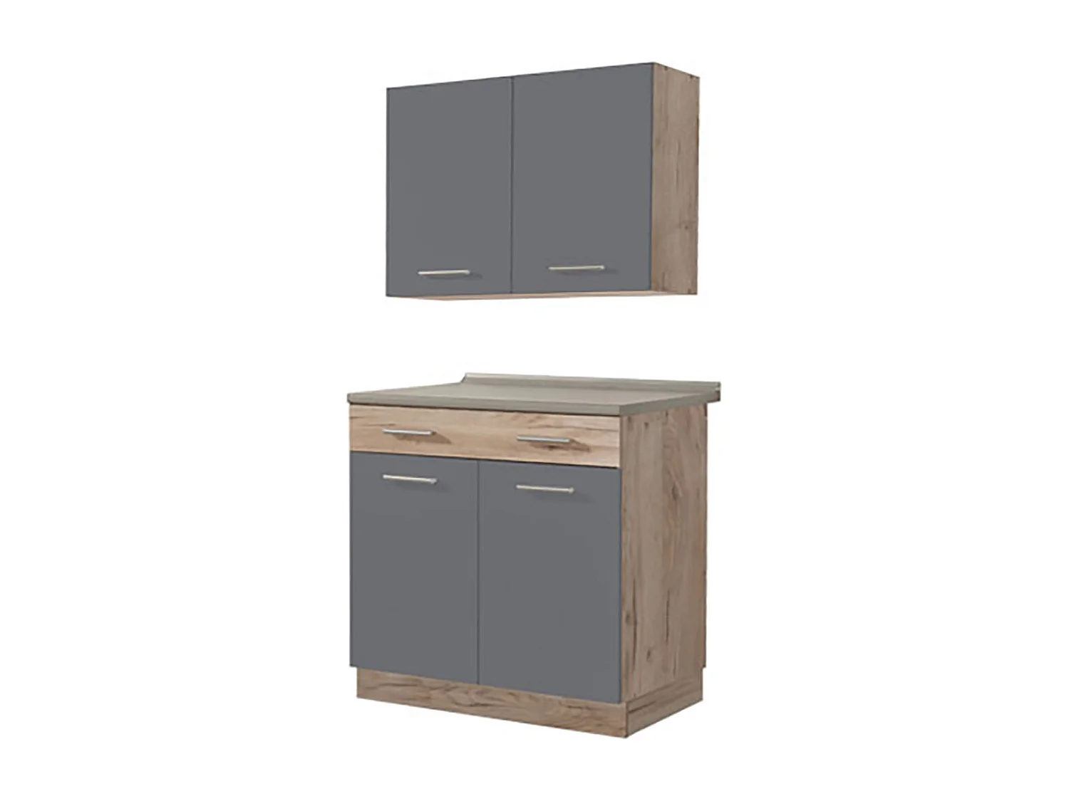 Cuisine 2 éléments couleur chêne/gris avec plan de travail - Longueur 80 x Profondeur 51.6/60 x Hauteur 206.5 cm