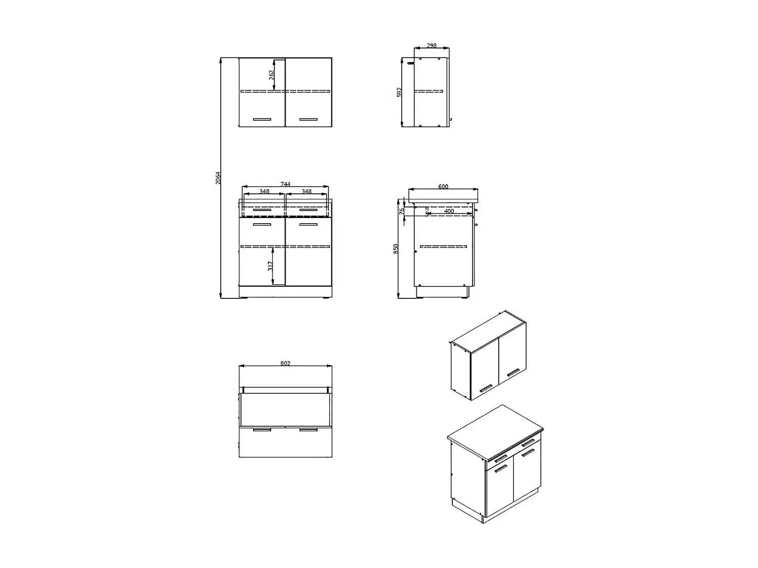 Cuisine 2 éléments couleur chêne/gris avec plan de travail - Longueur 80 x Profondeur 51.6/60 x Hauteur 206.5 cm