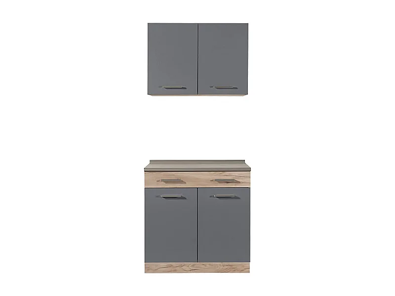 Cuisine 2 éléments couleur chêne/gris avec plan de travail - Longueur 80 x Profondeur 51.6/60 x Hauteur 206.5 cm
