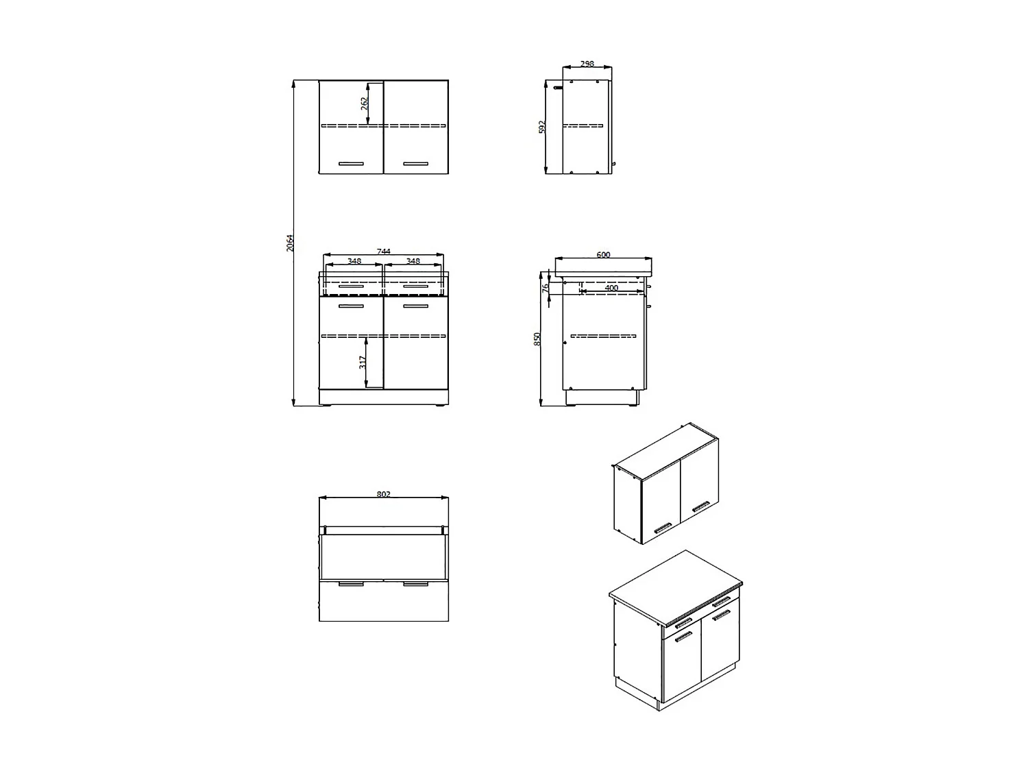 Cuisine 2 éléments couleur chêne/blanc avec plan de travail - Longueur 80 x Profondeur 51.6/60 x Hauteur 206.5 cm