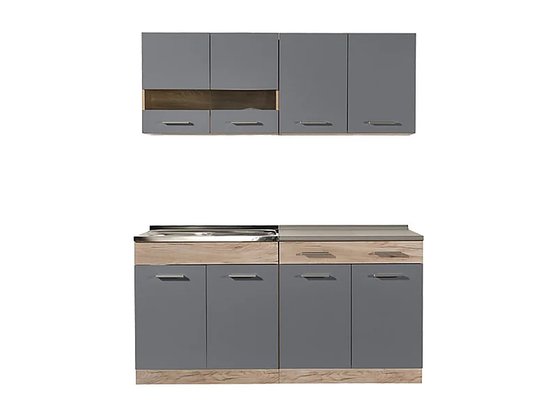 Cuisine 4 éléments couleur chêne/gris avec plan de travail - Longueur 160,5 x Profondeur 51.6/60 x Hauteur 206.5 cm