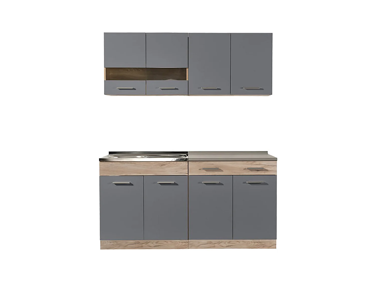 Cuisine 4 éléments couleur chêne/gris avec plan de travail - Longueur 160,5 x Profondeur 51.6/60 x Hauteur 206.5 cm