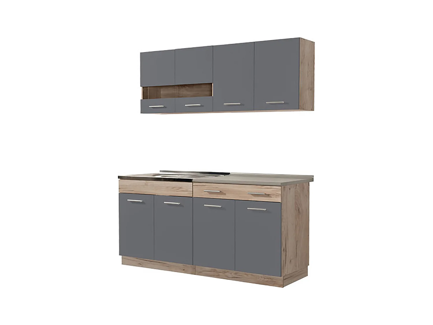 Cuisine 4 éléments couleur chêne/gris avec plan de travail - Longueur 160,5 x Profondeur 51.6/60 x Hauteur 206.5 cm