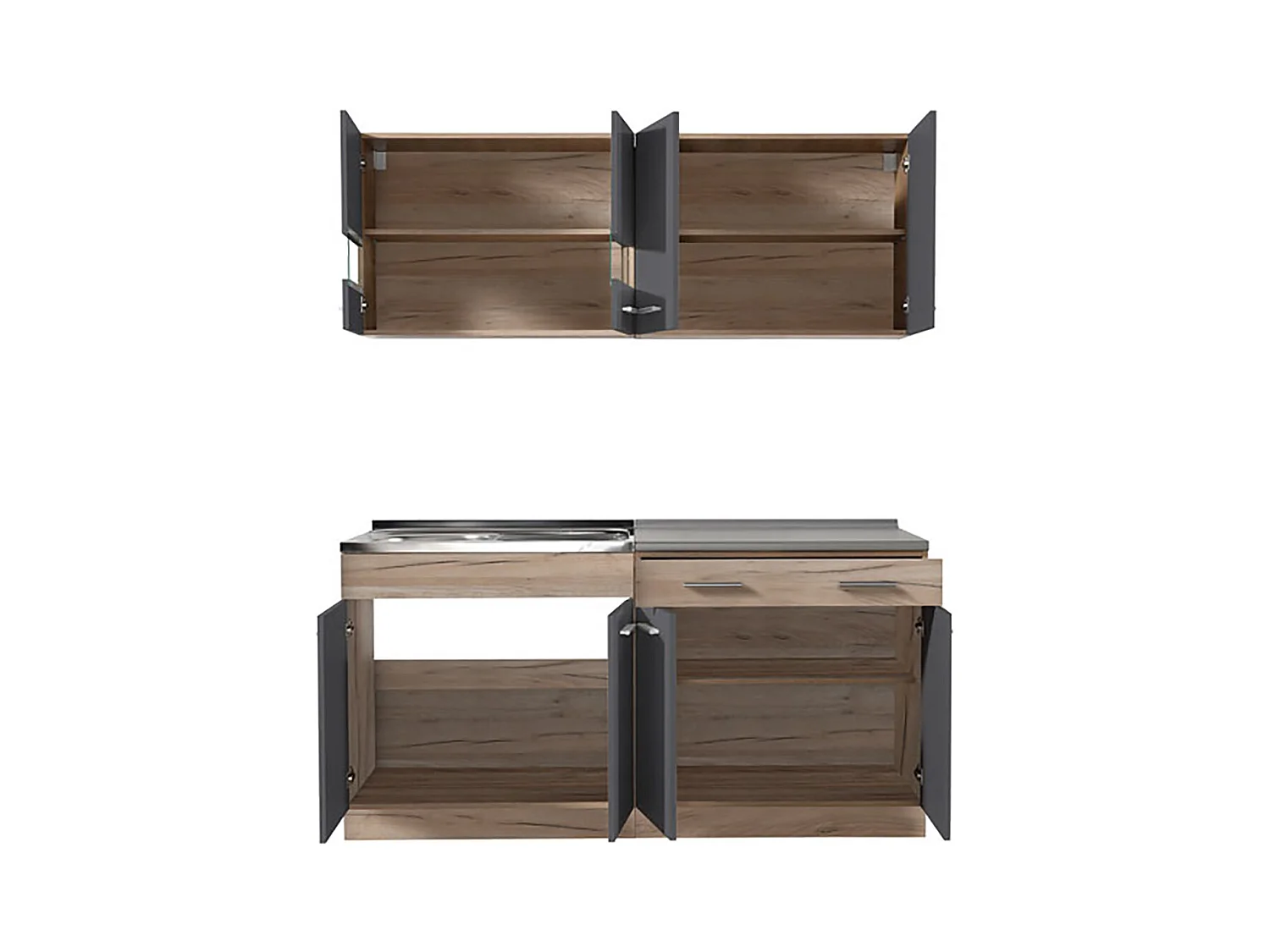 Cuisine 4 éléments couleur chêne/gris avec plan de travail - Longueur 160,5 x Profondeur 51.6/60 x Hauteur 206.5 cm