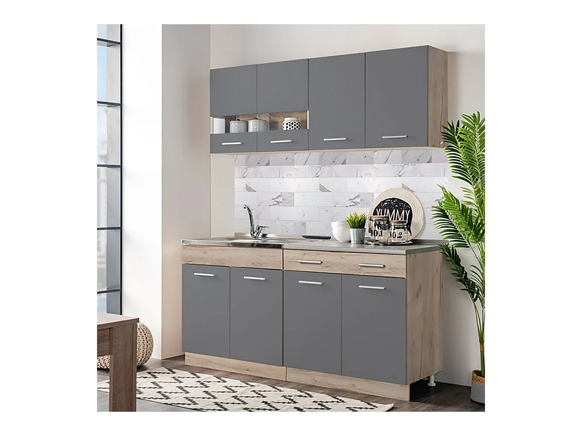 Cuisine 4 éléments couleur chêne/gris avec plan de travail - Longueur 160,5 x Profondeur 51.6/60 x Hauteur 206.5 cm