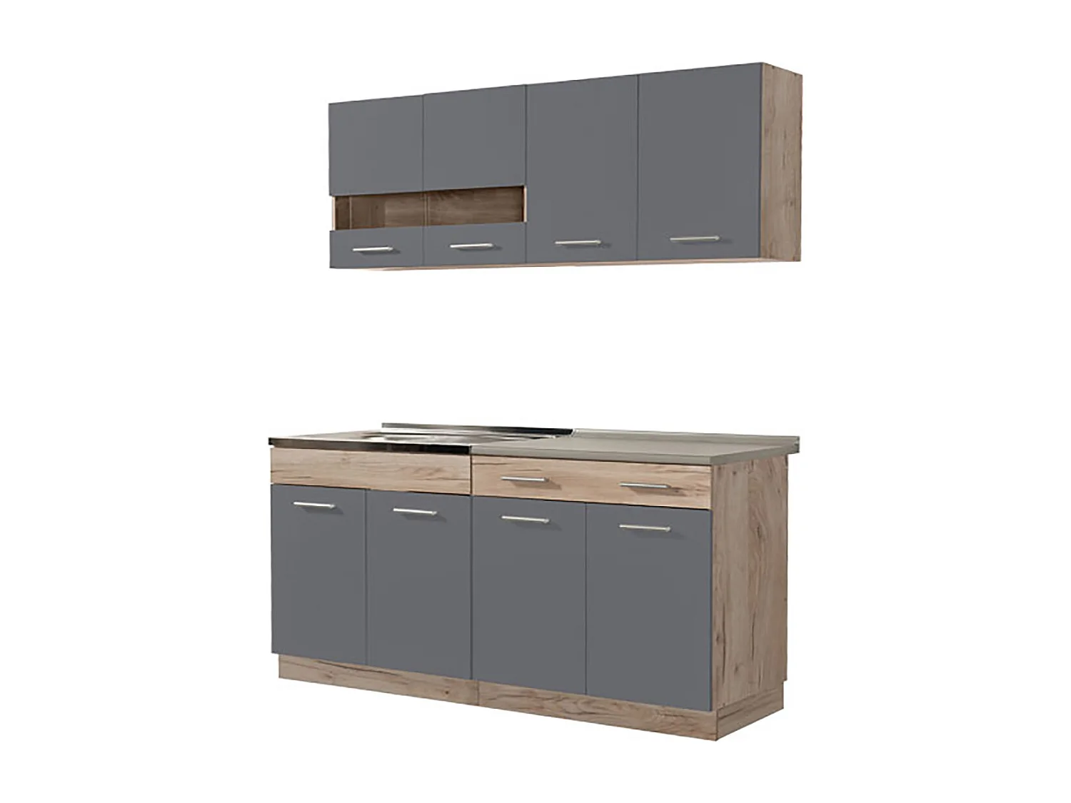 Cuisine 4 éléments couleur chêne/gris avec plan de travail - Longueur 160,5 x Profondeur 51.6/60 x Hauteur 206.5 cm