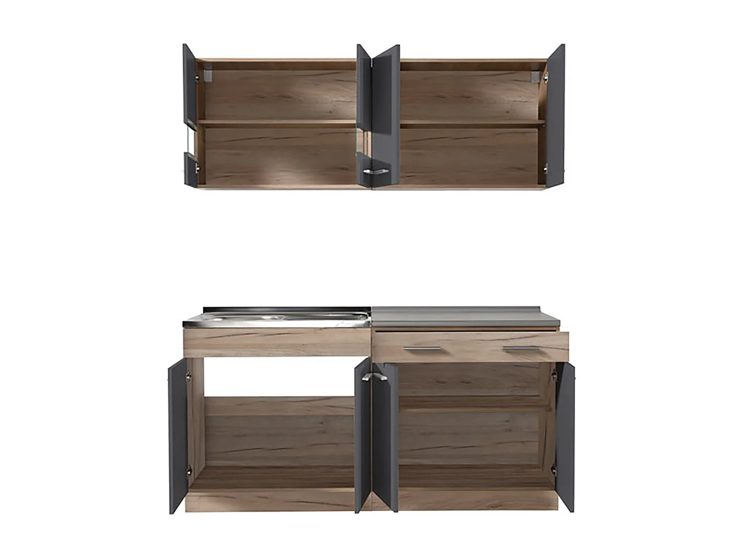 Cuisine 4 éléments couleur chêne/gris avec plan de travail - Longueur 160,5 x Profondeur 51.6/60 x Hauteur 206.5 cm