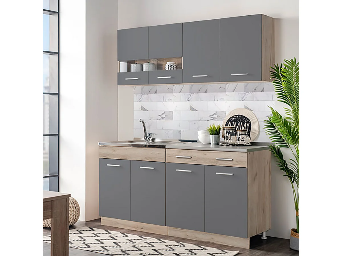 Cuisine 4 éléments couleur chêne/gris avec plan de travail - Longueur 160,5 x Profondeur 51.6/60 x Hauteur 206.5 cm