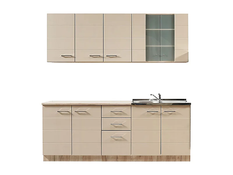 Cuisine 6 éléments couleur beige brillant / chêne avec plan de travail - Longueur 200 x Profondeur 51/60 x Hauteur 200 cm