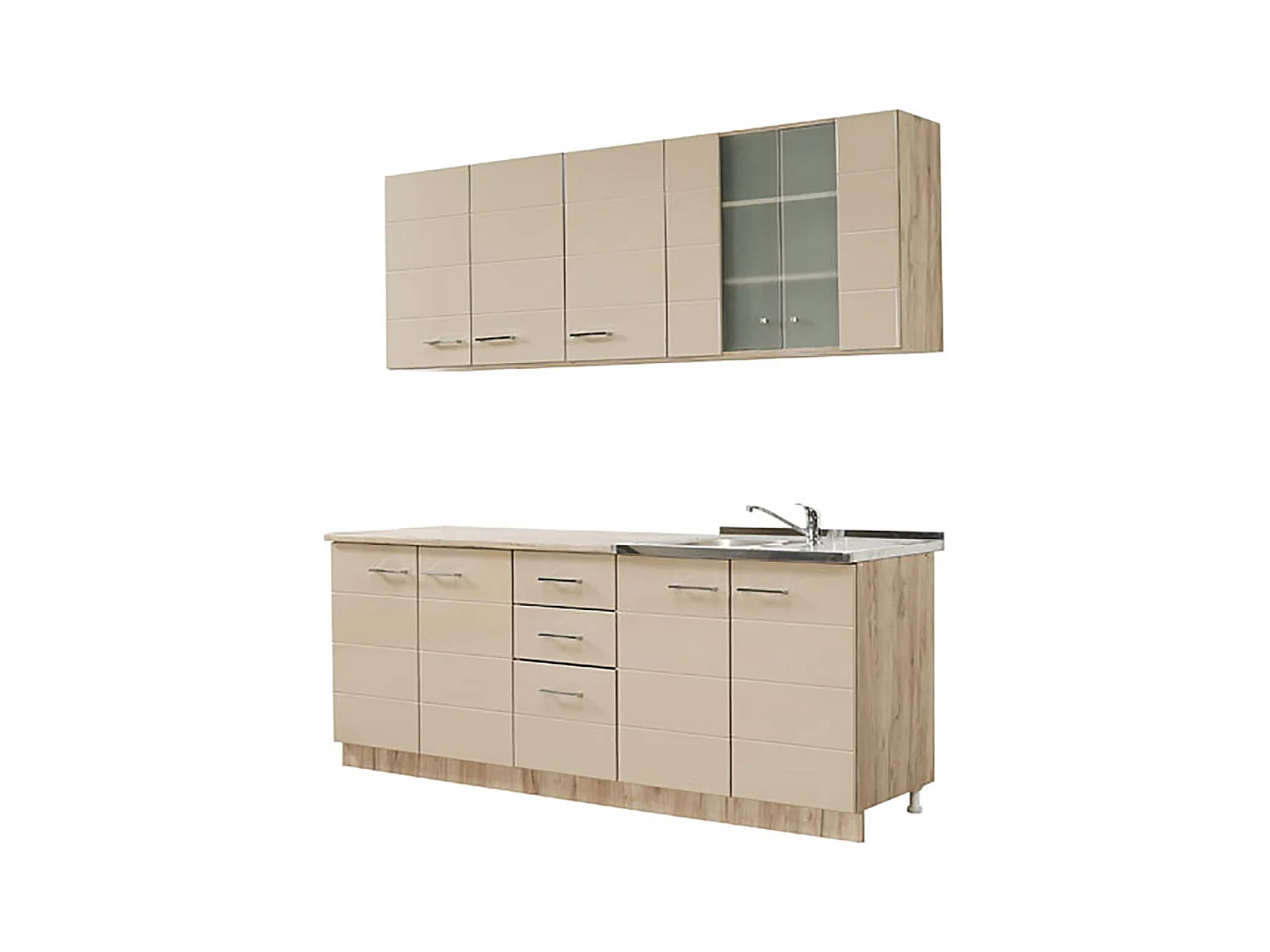 Cuisine 6 éléments couleur beige brillant / chêne avec plan de travail - Longueur 200 x Profondeur 51/60 x Hauteur 200 cm