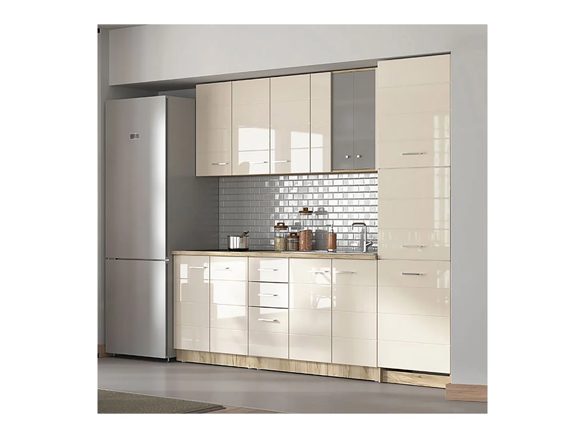 Cuisine 6 éléments couleur beige brillant / chêne avec plan de travail - Longueur 200 x Profondeur 51/60 x Hauteur 200 cm