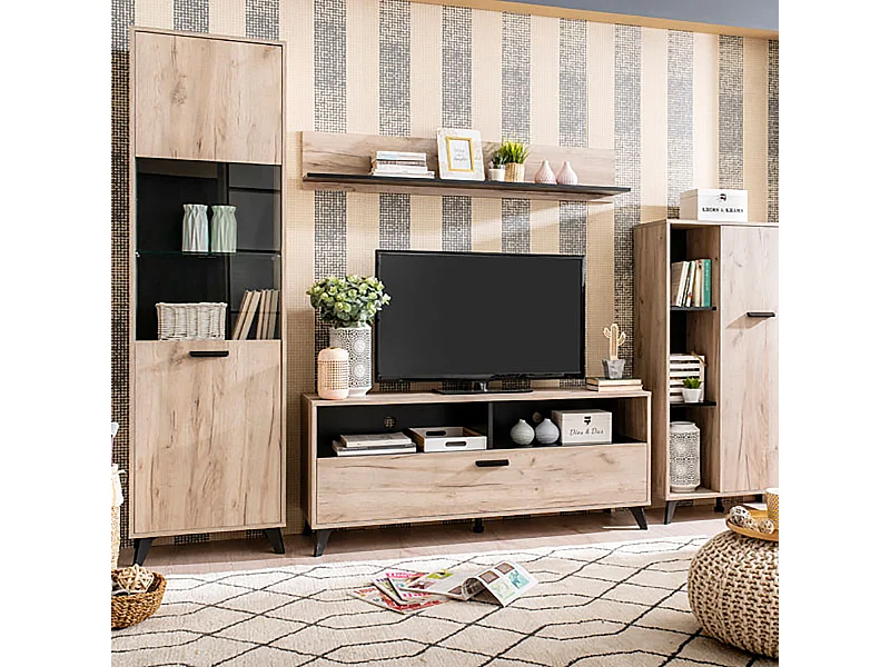 Ensemble salon avec 2 vitrines et meuble TV couleur chêne gris