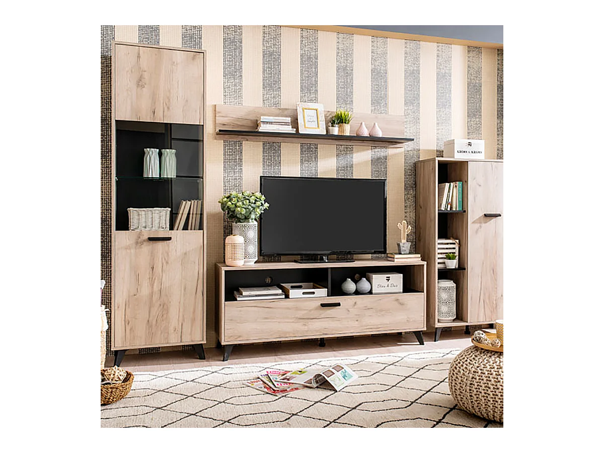 Ensemble salon avec 2 vitrines et meuble TV couleur chêne gris