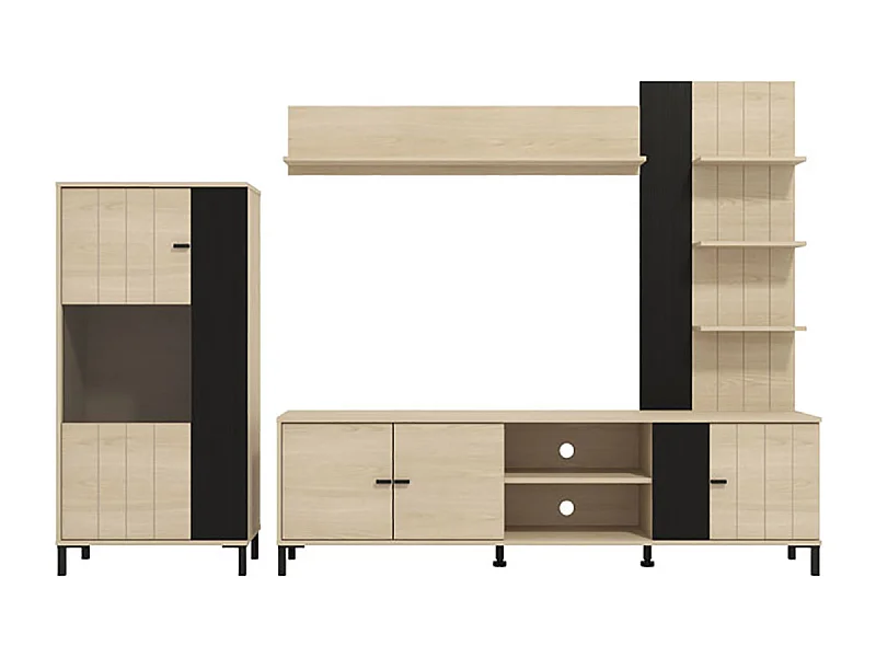 Ensemble TV avec vitrine, meuble TV et étagère couleur Chêne clair / Noir - Longueur 263 x profonduer 40 x hauteur 167 cm