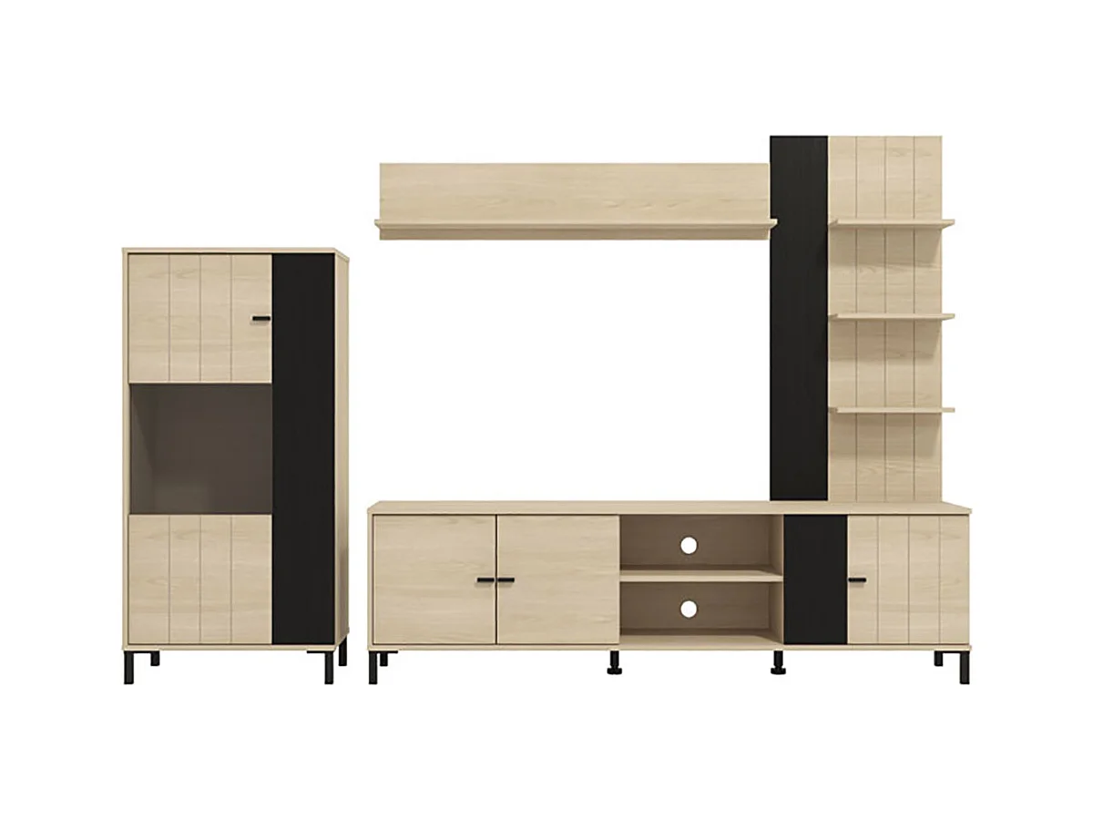 Ensemble TV avec vitrine, meuble TV et étagère couleur Chêne clair / Noir - Longueur 263 x profonduer 40 x hauteur 167 cm