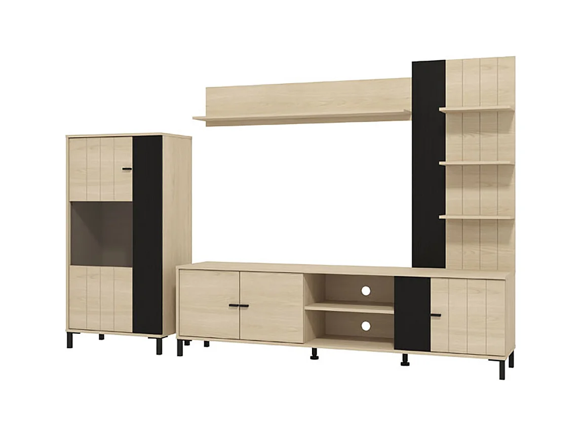 Ensemble TV avec vitrine, meuble TV et étagère couleur Chêne clair / Noir - Longueur 263 x profonduer 40 x hauteur 167 cm