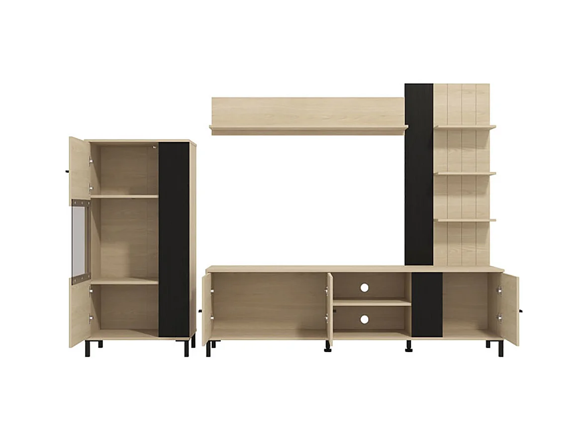 Ensemble TV avec vitrine, meuble TV et étagère couleur Chêne clair / Noir - Longueur 263 x profonduer 40 x hauteur 167 cm