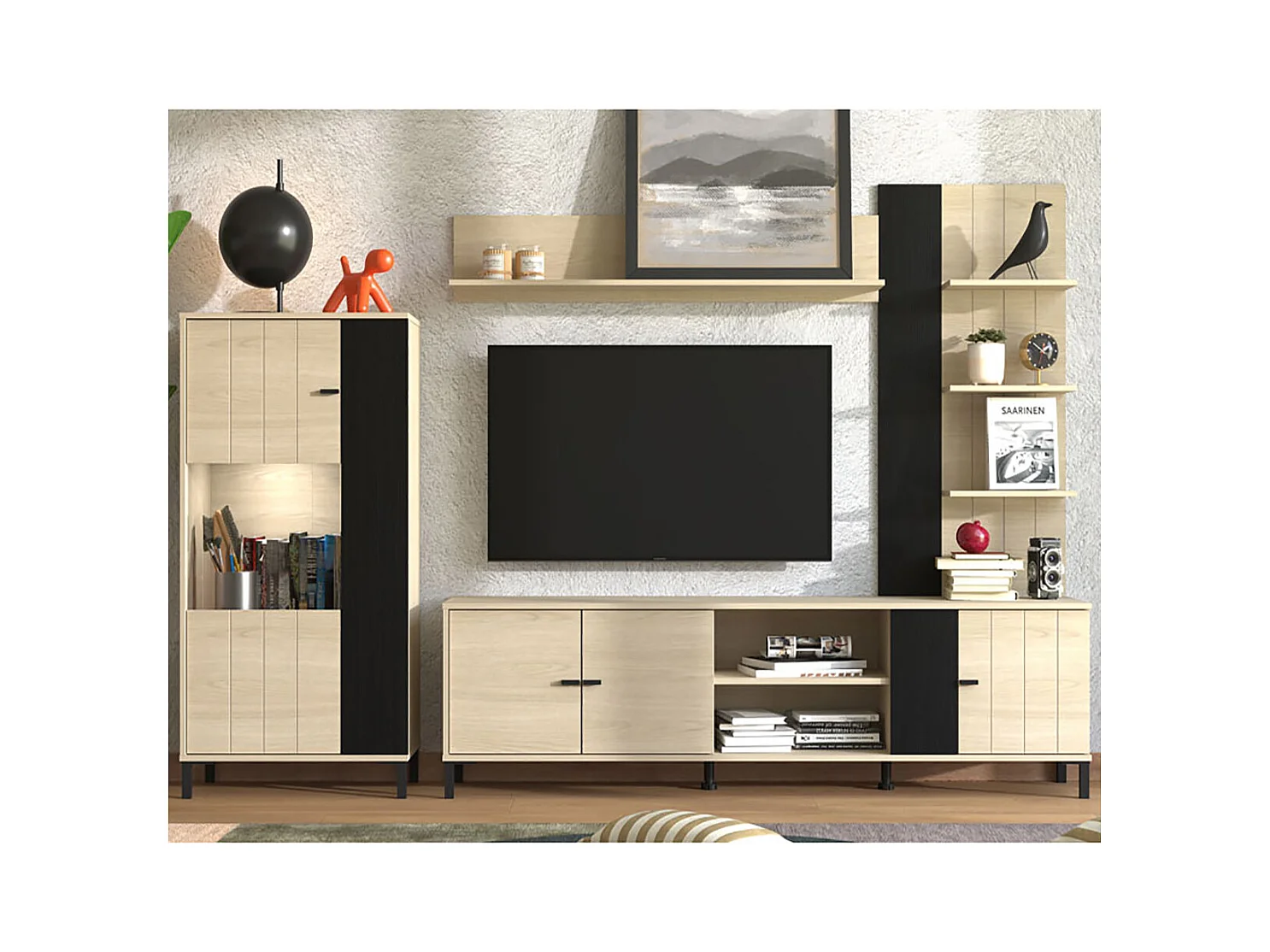 Ensemble TV avec vitrine, meuble TV et étagère couleur Chêne clair / Noir - Longueur 263 x profonduer 40 x hauteur 167 cm