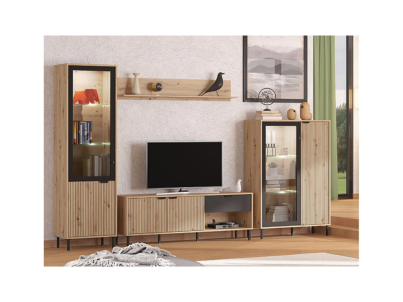 Ensemble salon avec 2 vitrines et meuble TV  couleur chêne artisan / noir