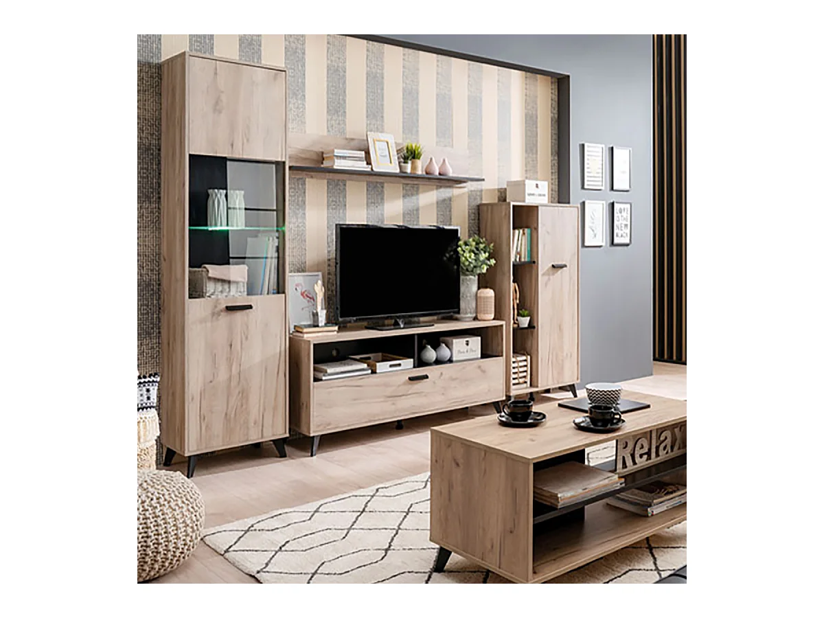 Ensemble salon avec 2 vitrines, meuble TV, buffet et table basse couleur chêne gris