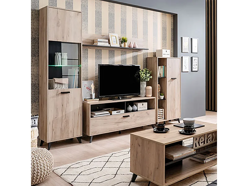 Ensemble salon avec 2 vitrines, meuble TV, buffet et table basse couleur chêne gris