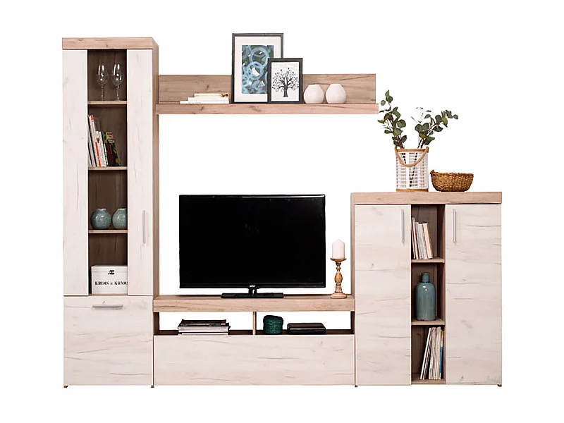 Ensemble TV avec vitrine, meuble TV, buffet et étagère couleur Chêne / Blanc - Longueur 262 x profondeur 35 x hauteur 195 cm