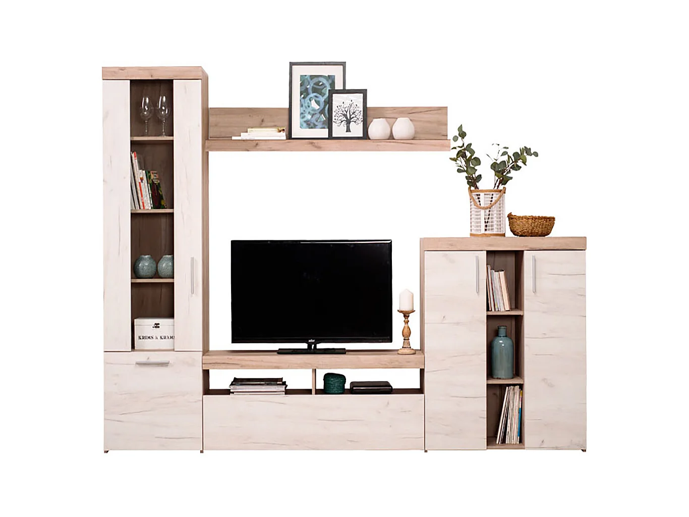 Ensemble TV avec vitrine, meuble TV, buffet et étagère couleur Chêne / Blanc - Longueur 262 x profondeur 35 x hauteur 195 cm