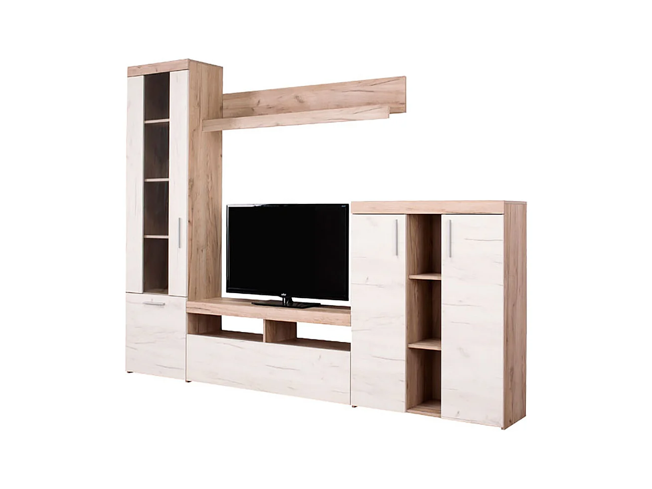 Ensemble TV avec vitrine, meuble TV, buffet et étagère couleur Chêne / Blanc - Longueur 262 x profondeur 35 x hauteur 195 cm